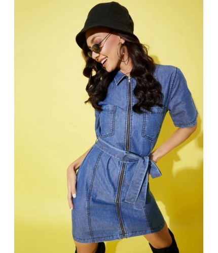 Generic Women's Denim Solid Half Sleeve Dress (Blue)