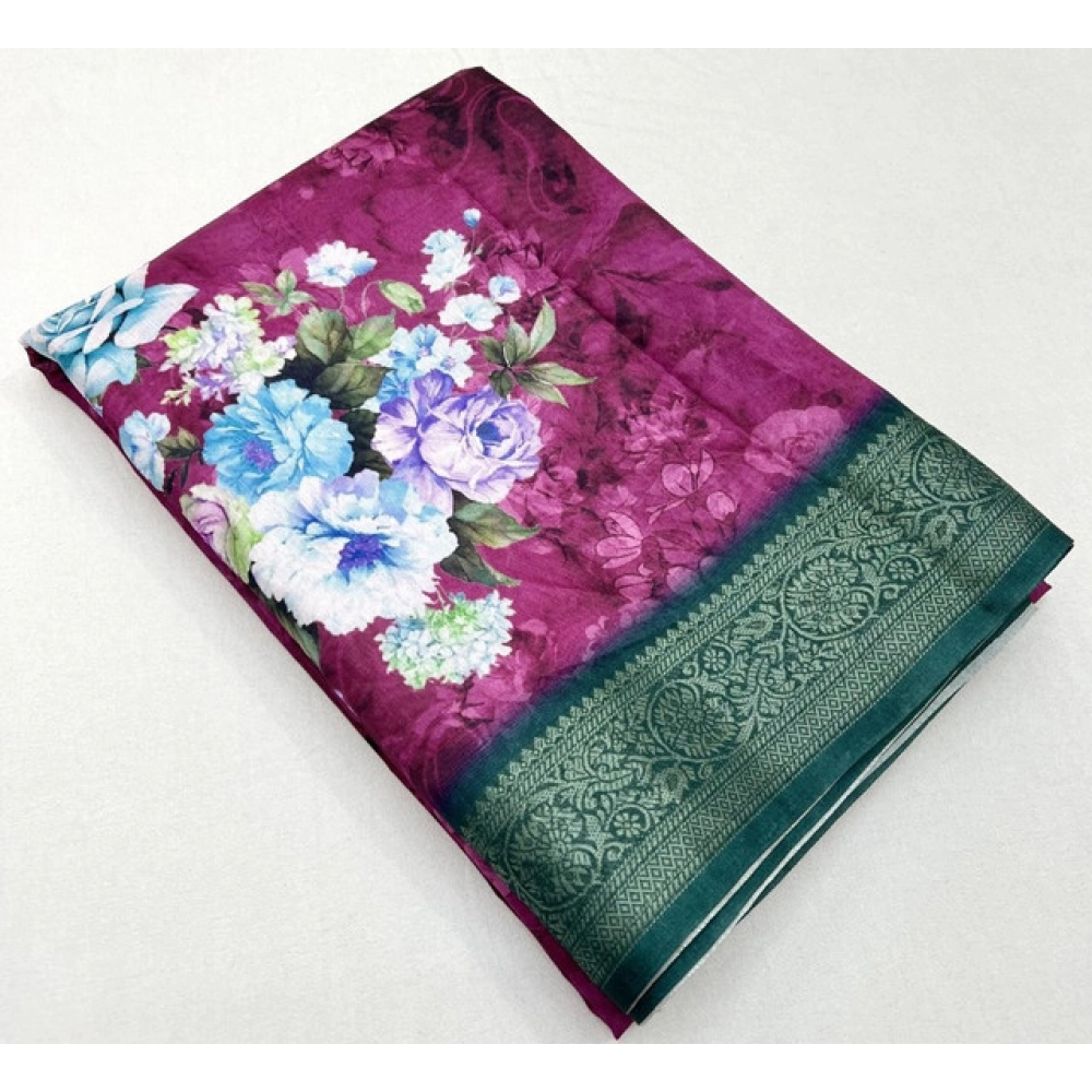 Generic Women's Cotton Blend Floral Printed Saree With Unstitched Blouse 5.5Mtr (Multicolor)