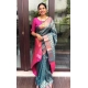 Generic Women's Litchi silk Printed Saree With Unstitched Blouse (Blue)