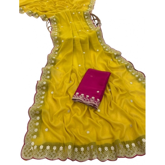 Generic Women's Star Georgette Embroidered Saree With Unstitched Blouse 5.5Mtr (Yellow)