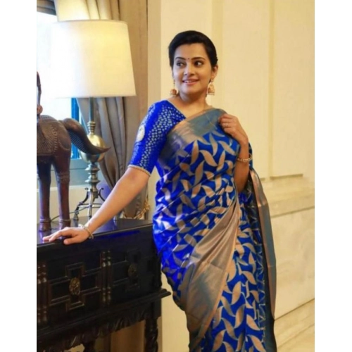Women's Litchi silk Printed Saree With Unstitched Blouse (Blue) Women's Litchi silk Printed Saree With Unstitched Blouse (Blue)