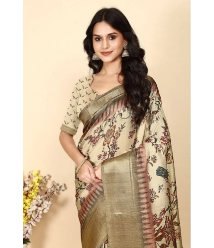 Generic Women's Cotton Silk Printed Saree With Unstitched Blouse 5.5Mtr (Cream)