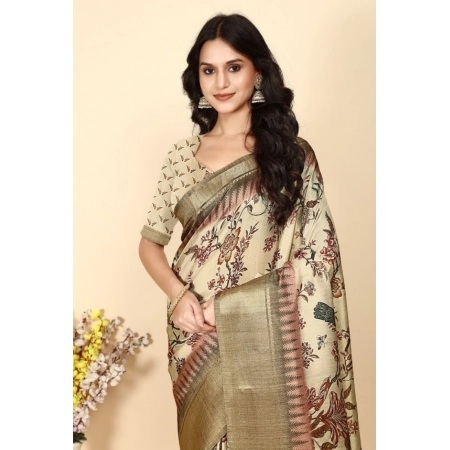 Generic Women's Cotton Silk Printed Saree With Unstitched Blouse 5.5Mtr (Cream)