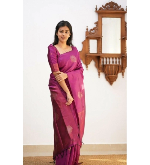 Generic Women's Litchi silk Printed Saree With Unstitched Blouse (Dark Pink)