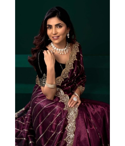 Generic Women's Net Sequence Saree With Unstitched Blouse 5.5Mtr (Maroon)