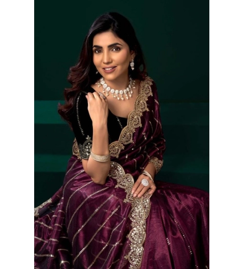Generic Women's Net Sequence Saree With Unstitched Blouse 5.5Mtr (Maroon)