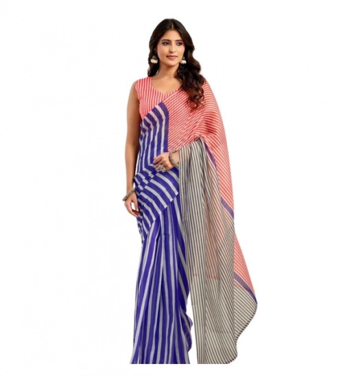 Generic Women's Linen Cotton Printed Ready To Wear Saree With Unstitched Blouse 5.5 Mtr (Blue)