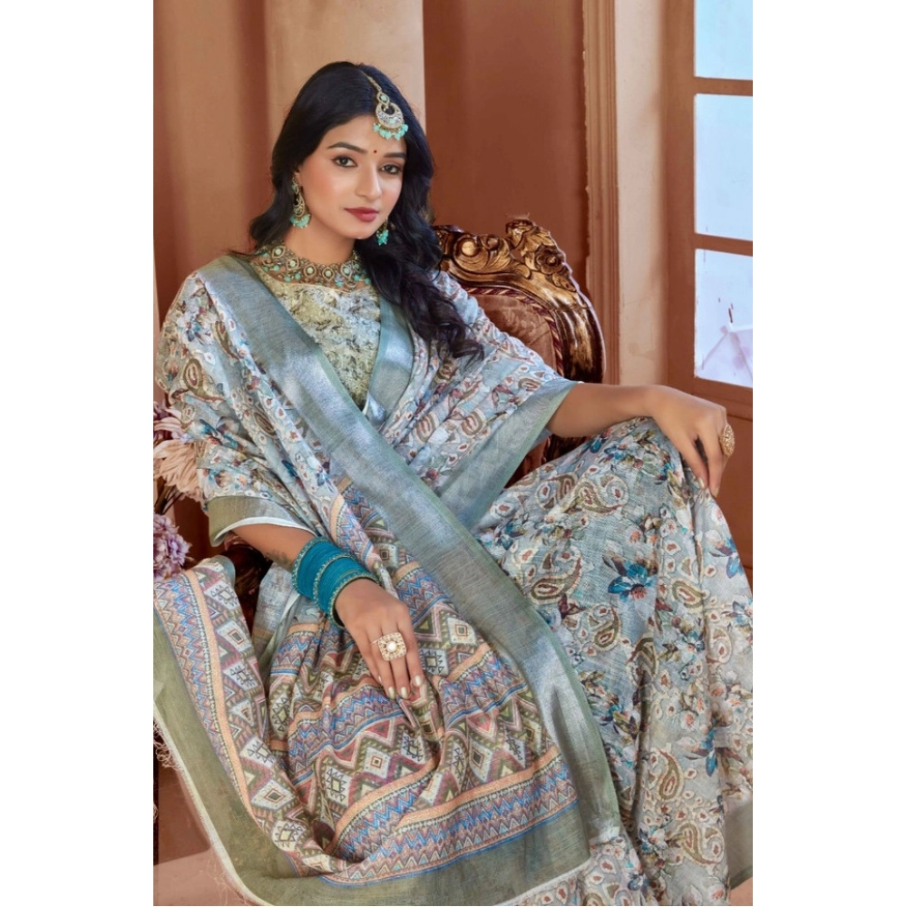 Generic Women's Printed Cotton Linen Saree withPrinted Saree With Unstitched Blouse (Mint Green, 5-6Mtrs) Generic Women's Printed Cotton Linen Saree withPrinted Saree With Unstitched Blouse (Mint Green, 5-6Mtrs)