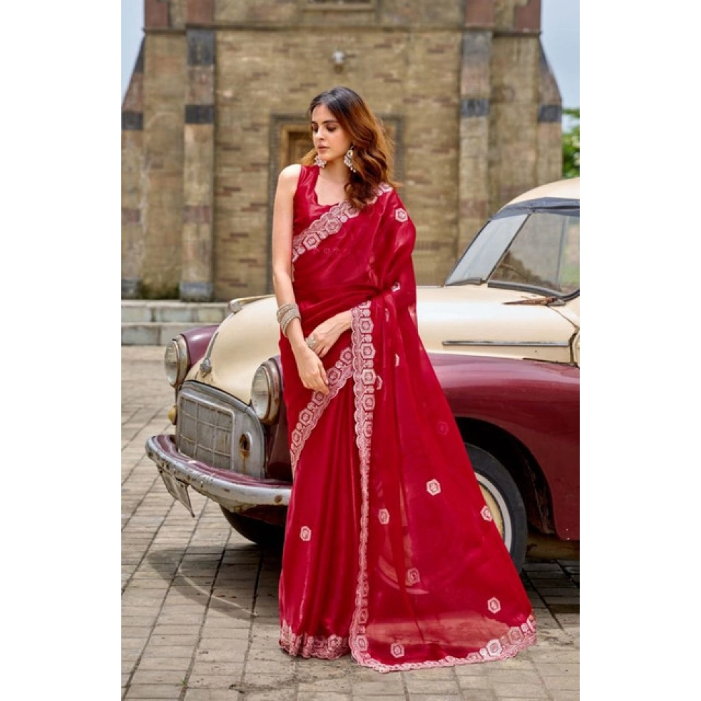 Generic Women's Faux Shimmer Geometric Ready to wear Saree With Unstitched Blouse 5.5Mtr (Red)
