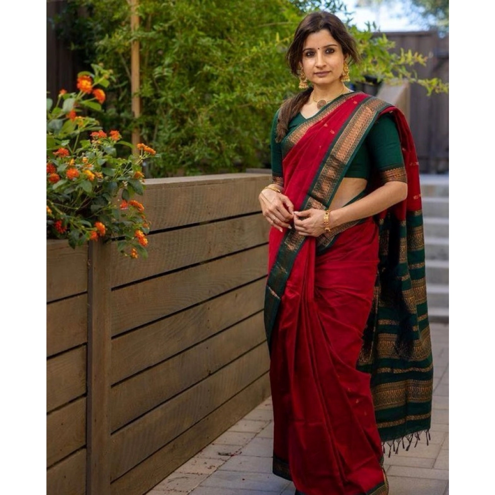 Generic Women's Soft Litchi Silk Jacquard Work Saree With Unstitched Blouse 5.5Mtr (Red) Generic Women's Soft Litchi Silk Jacquard Work Saree With Unstitched Blouse 5.5Mtr (Red)