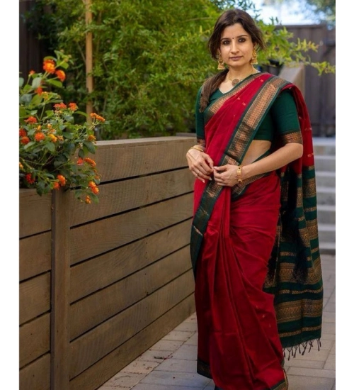 Generic Women's Soft Litchi Silk Jacquard Work Saree With Unstitched Blouse 5.5Mtr (Red)