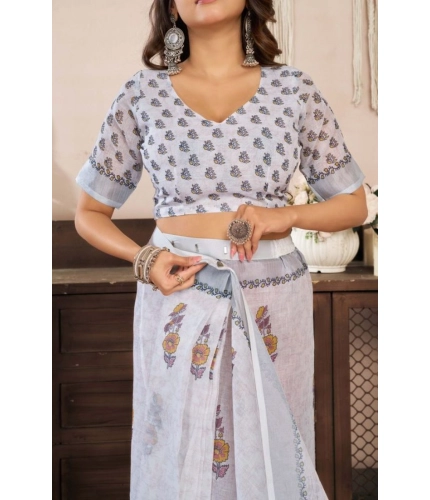 Generic Women's Faux Linen Floral Print Ready to wear Saree With Unstitched Blouse 5.5Mtr (Off_White)