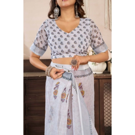 Generic Women's Faux Linen Floral Print Ready to wear Saree With Unstitched Blouse 5.5Mtr (Off_White)