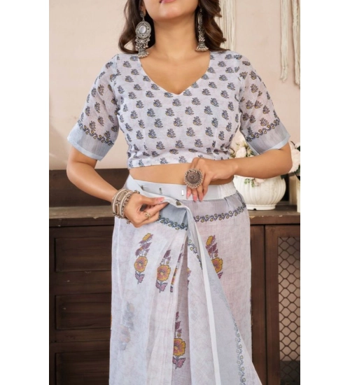 Generic Women's Faux Linen Floral Print Ready to wear Saree With Unstitched Blouse 5.5Mtr (Off_White)