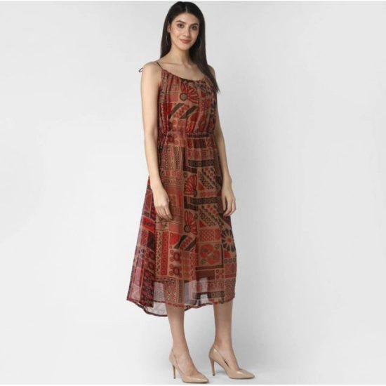 Generic Women's Polyester Printed Shoulder Straps Dress (Maroon - Brown) Generic Women's Polyester Printed Shoulder Straps Dress (Maroon - Brown)