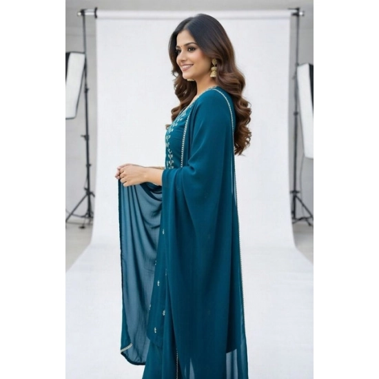 Generic Women's Georgette Ethnic Motif Round 3/4th Sleeve Kurti With Pant Dupatta Set (Teal) Generic Women's Georgette Ethnic Motif Round 3/4th Sleeve Kurti With Pant Dupatta Set (Teal)