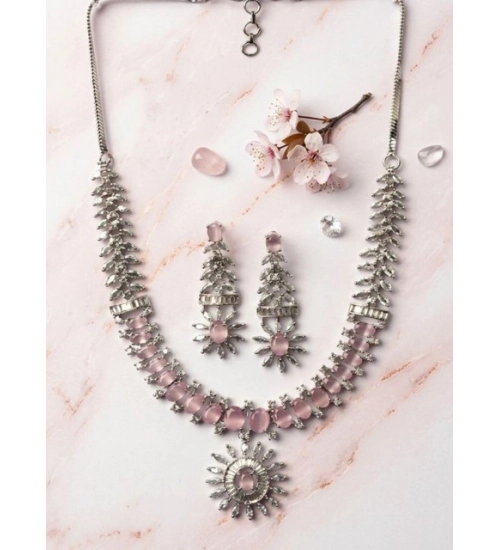 Generic Women's Brass Silver Plated Necklace set (Pink)