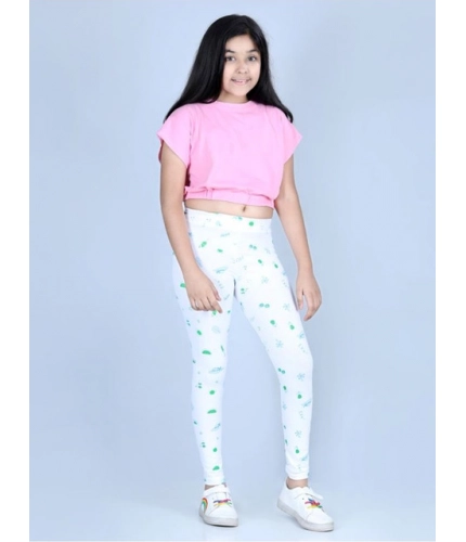 Generic Girl's Cotton Lycra Printed Elasticated Leggings (White)