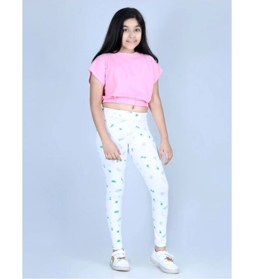 Generic Girl's Cotton Lycra Printed Elasticated Leggings (White)