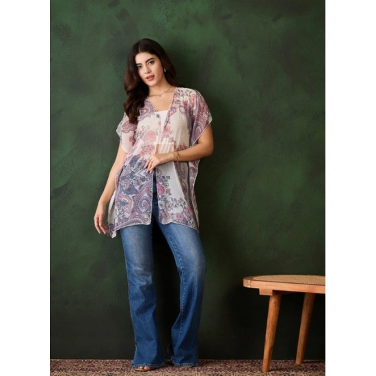 Generic Women's Chiffon Printed Short Sleeves Shrug (White - Purple)