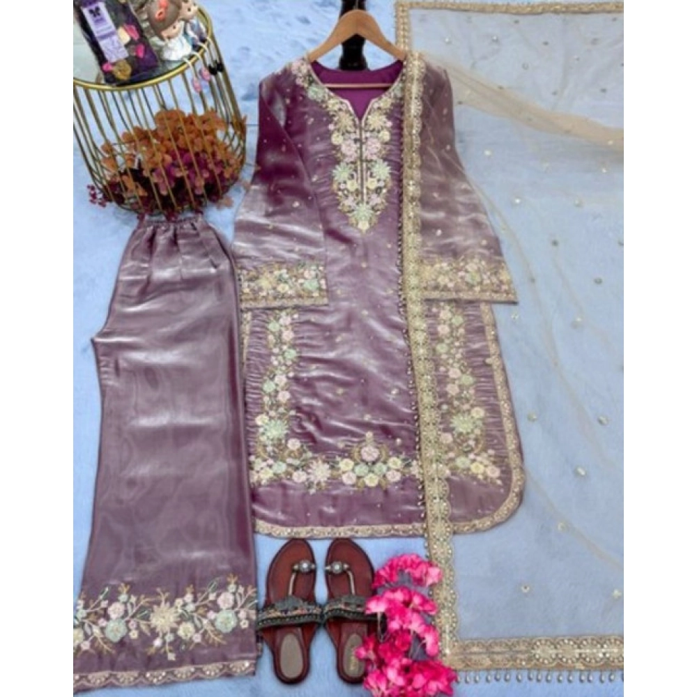 Generic Women's Silk Embroidered 3/4th Sleeve Round Kurti With Palazzo Pant and Dupatta Set (Lavender) Generic Women's Silk Embroidered 3/4th Sleeve Round Kurti With Palazzo Pant and Dupatta Set (Lavender)