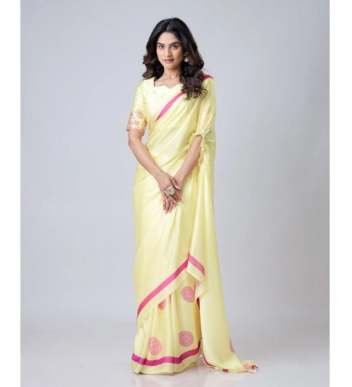 Generic Women's Soft Crepe Silk Printed Ready To Wear Saree With Unstitched Blouse 5.5Mtr (Light Yellow)