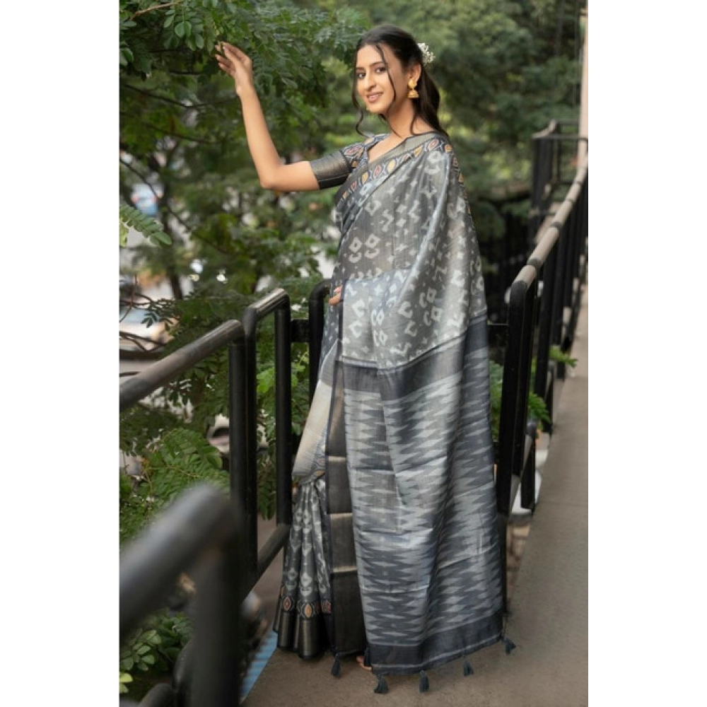 Women's Polyester Printed Saree With Unstitched Blouse 5.5 Mtr (Grey)