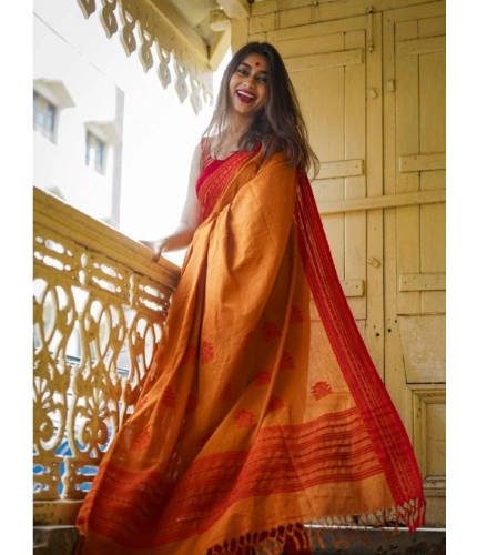 Generic Women's Soft Lilan Printed Saree With Unstitched Blouse 5.5Mtr (Mustard )