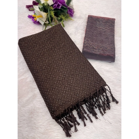 Generic Women's Chiffon Zigzag lines Saree With Unstitched Blouse 5.5Mtr (Brown)