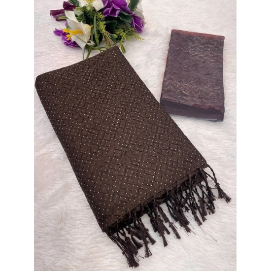 Generic Women's Chiffon Zigzag lines Saree With Unstitched Blouse 5.5Mtr (Brown)