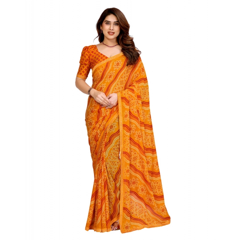 Women's Georgette Printed Saree With Unstitched Blouse 5.5Mtr (Yellow)