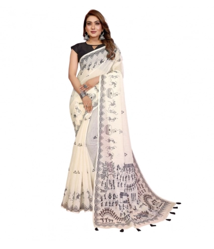 Generic Women's Linen Cotton Printed Saree With Unstitched Blouse 5.5Mtr (Off White)