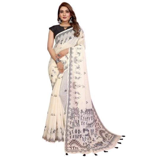 Generic Women's Linen Cotton Printed Saree With Unstitched Blouse 5.5Mtr (Off White) Generic Women's Linen Cotton Printed Saree With Unstitched Blouse 5.5Mtr (Off White)