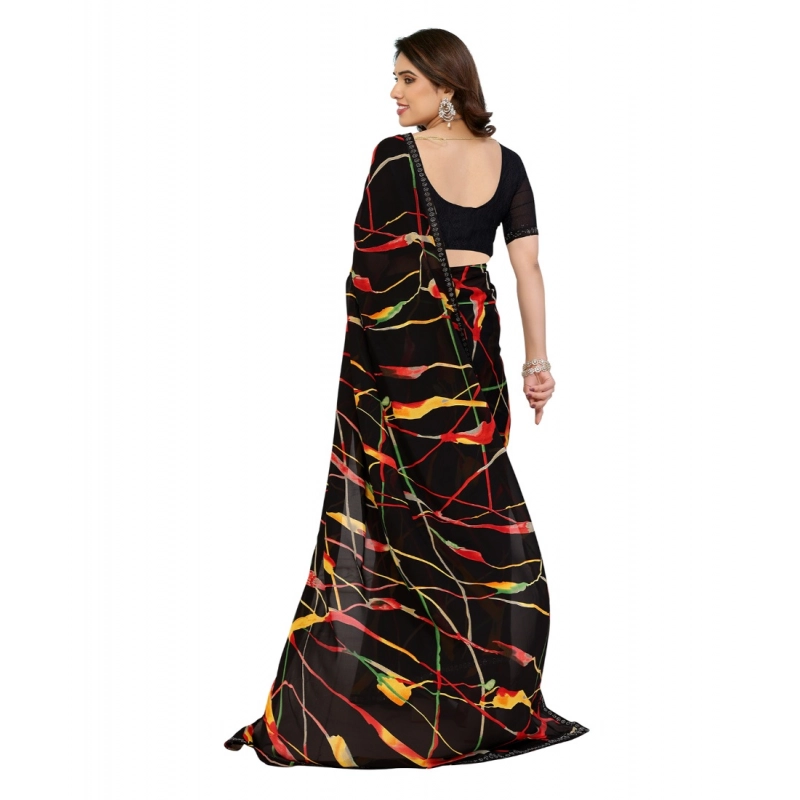 Women's Georgette Printed Saree With Unstitched Blouse 5.5Mtr (Black)
