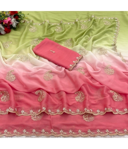 Generic Women's Digital Printed  Geogette Saree With Unstitched Blouse (Blue, 5-6 Mtrs)