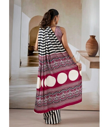 Generic Women's Satin Crepe Printed Saree With Unstitched Blouse 5.5Mtr (Black)
