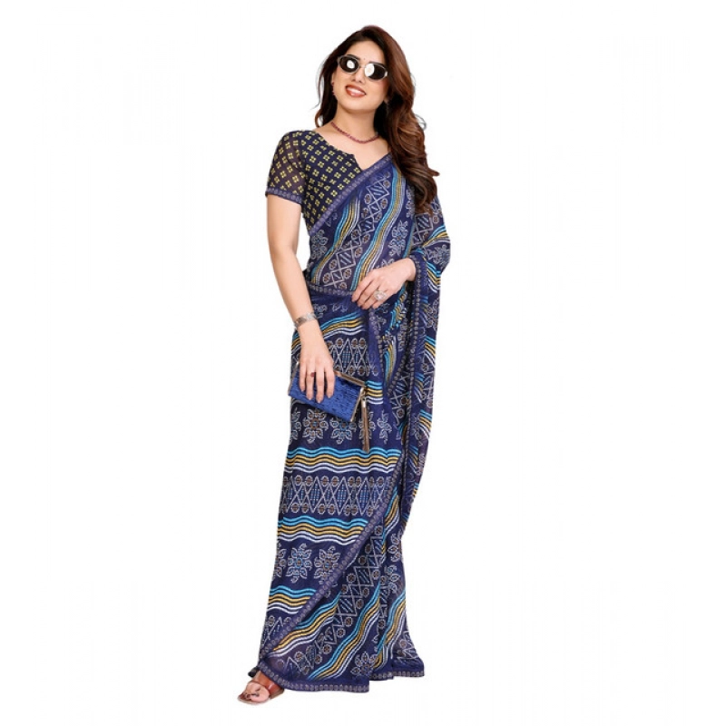 Women's Georgette Printed Saree With Unstitched Blouse 5.5Mtr (Blue)