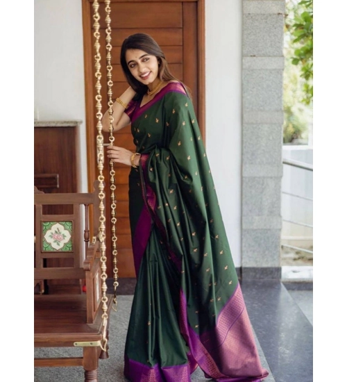 Generic Women's Litchi silk Printed Saree With Unstitched Blouse (Dark Green)