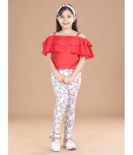 Generic Girl's Cotton Lycra Floral Elasticated Jeggings (White-Pink)
