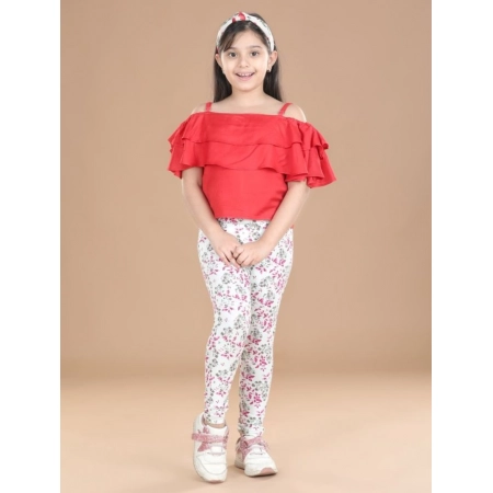 Generic Girl's Cotton Lycra Floral Elasticated Jeggings (White-Pink)