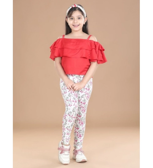 Generic Girl's Cotton Lycra Floral Elasticated Jeggings (White-Pink)