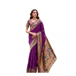 Generic Women's Silk Blend Woven Saree With Unstitched Blouse 5.5 Mtr (Purple)