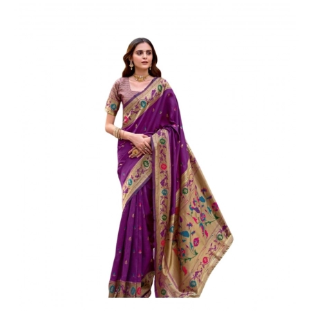 Generic Women's Silk Blend Woven Saree With Unstitched Blouse 5.5 Mtr (Purple)