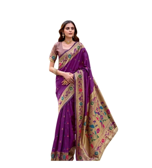 Generic Women's Silk Blend Woven Saree With Unstitched Blouse 5.5 Mtr (Purple)