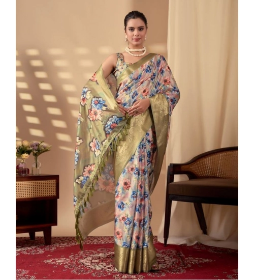 Generic Women's Silk_Blend Printed Saree With Unstitched Blouse 5.5Mtr (Olive)