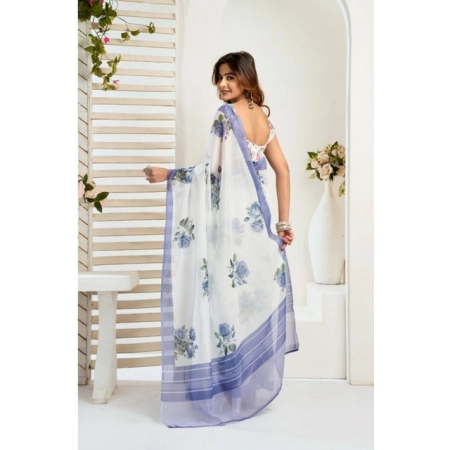 Generic Women's Faux_Linen Printed Ready-to-Wear Saree With Unstitched Blouse 5.5 Mtr (White)