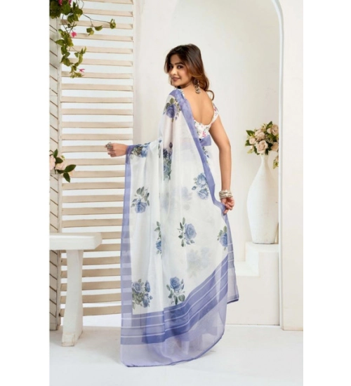 Generic Women's Faux_Linen Printed Ready-to-Wear Saree With Unstitched Blouse 5.5 Mtr (White)