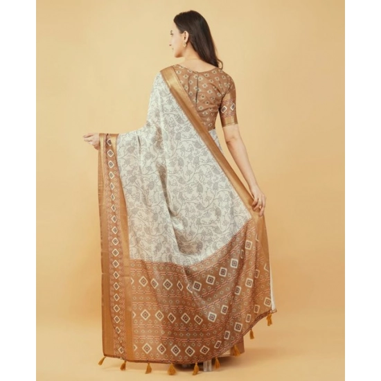 Generic Women's Polyester Printed Saree With Unstitched Blouse 5.5 Mtr (Off-White)