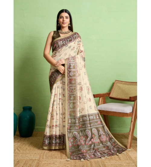 Generic Women's Silk Blend Printed Saree With Unstitched Blouse 5.5Mtr (Cream)