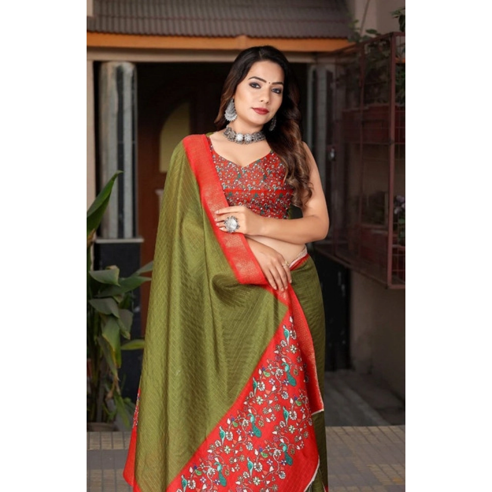 Generic Women's Cotton Silk Printed Saree With Unstitched Blouse 5.5Mtr (Green-Red) Generic Women's Cotton Silk Printed Saree With Unstitched Blouse 5.5Mtr (Green-Red)